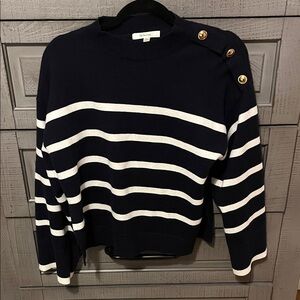 Sandro Navy and White Striped Sweater with Gold Buttons